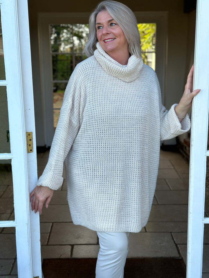 Longline Waffle Knit Cowl Neck Jumper | Beige