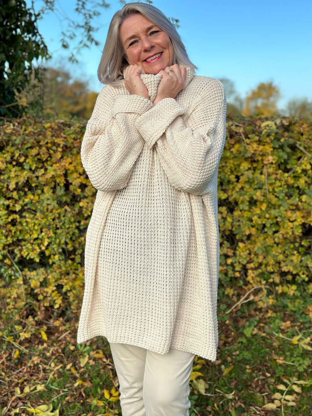 Longline Waffle Knit Cowl Neck Jumper | Beige