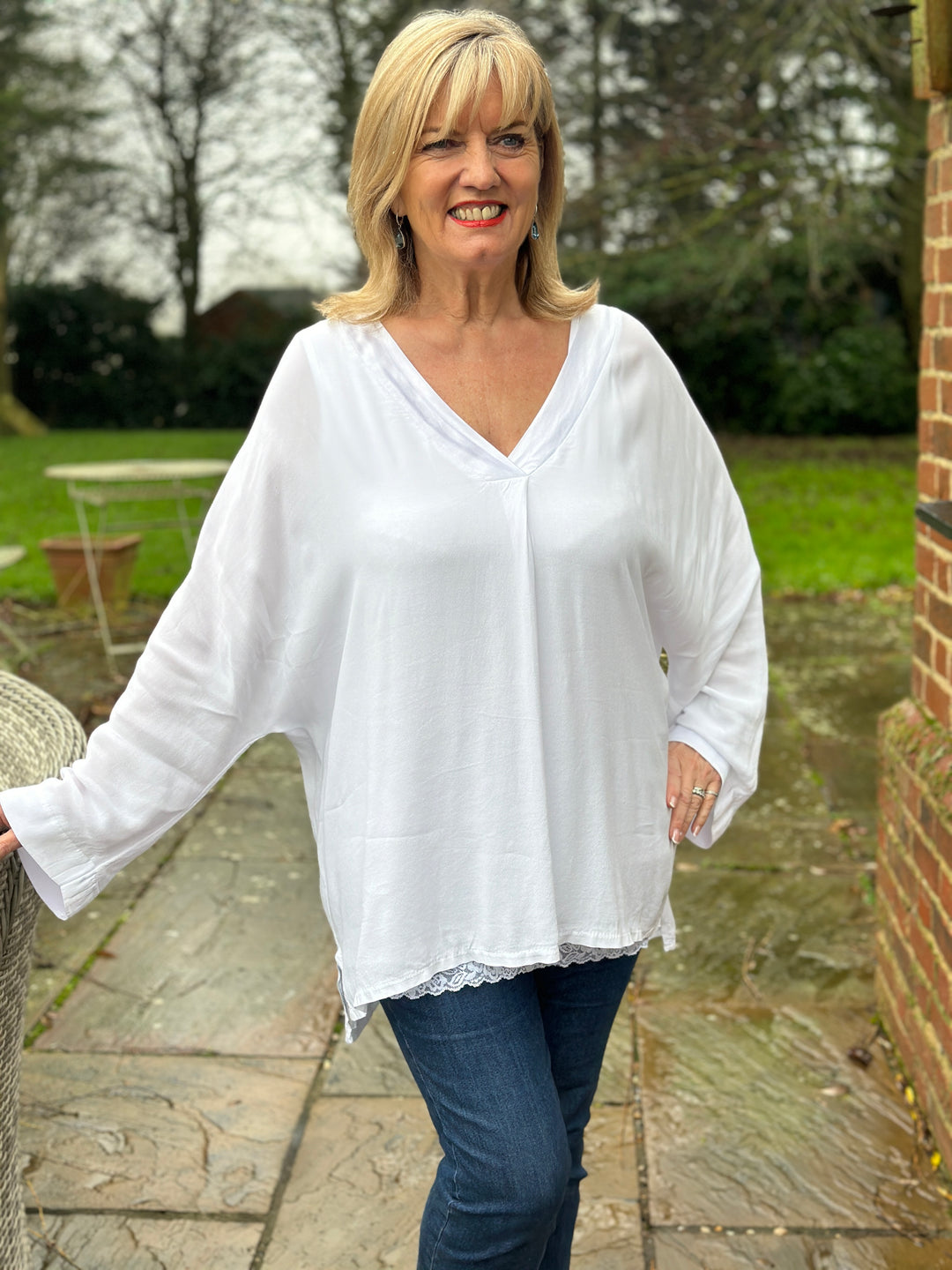 Long Sleeve Satin Trim Blouse | White