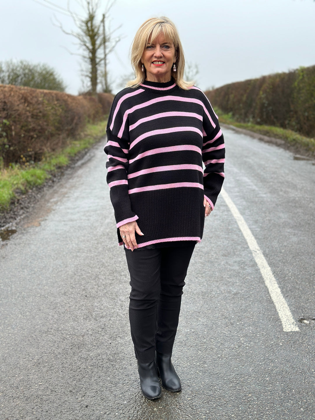 Chunky Knit Striped Jumper | Black/Pink