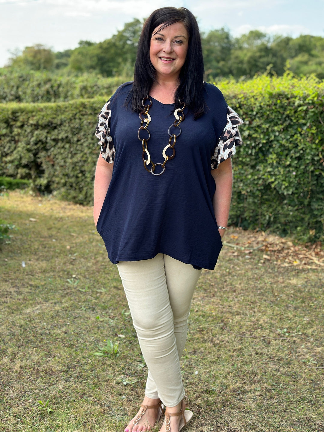 Leopard Ruffle Sleeve Top | Navy