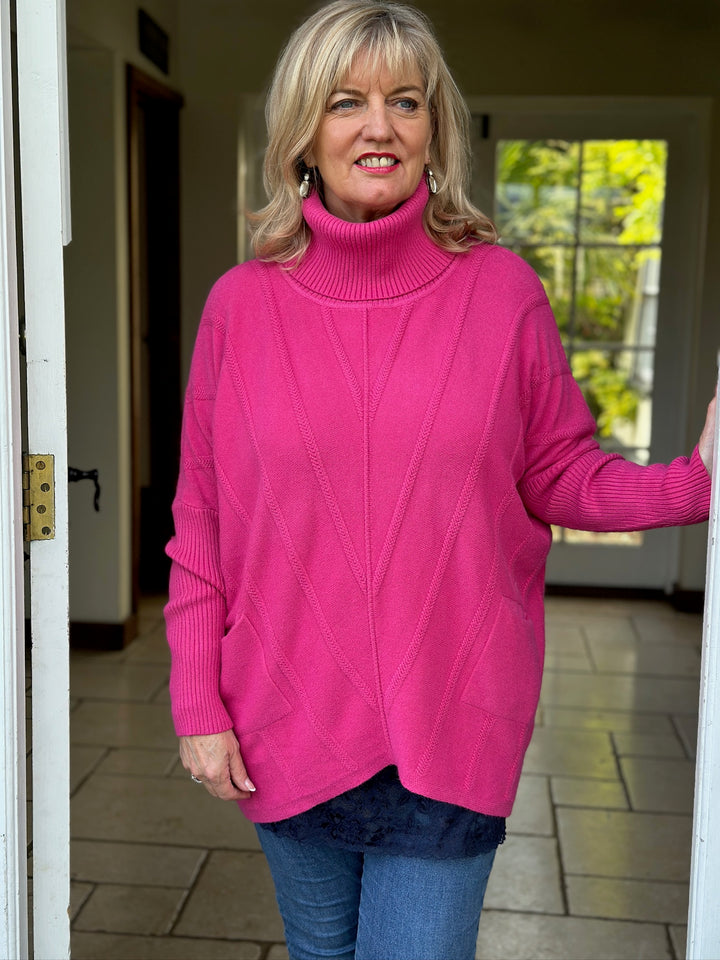 Cable Knit Roll Neck | Fuchsia