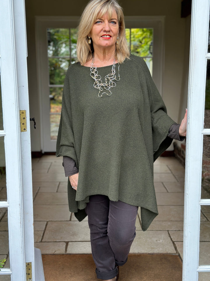 Cashmere Blend Knitted Poncho | Khaki