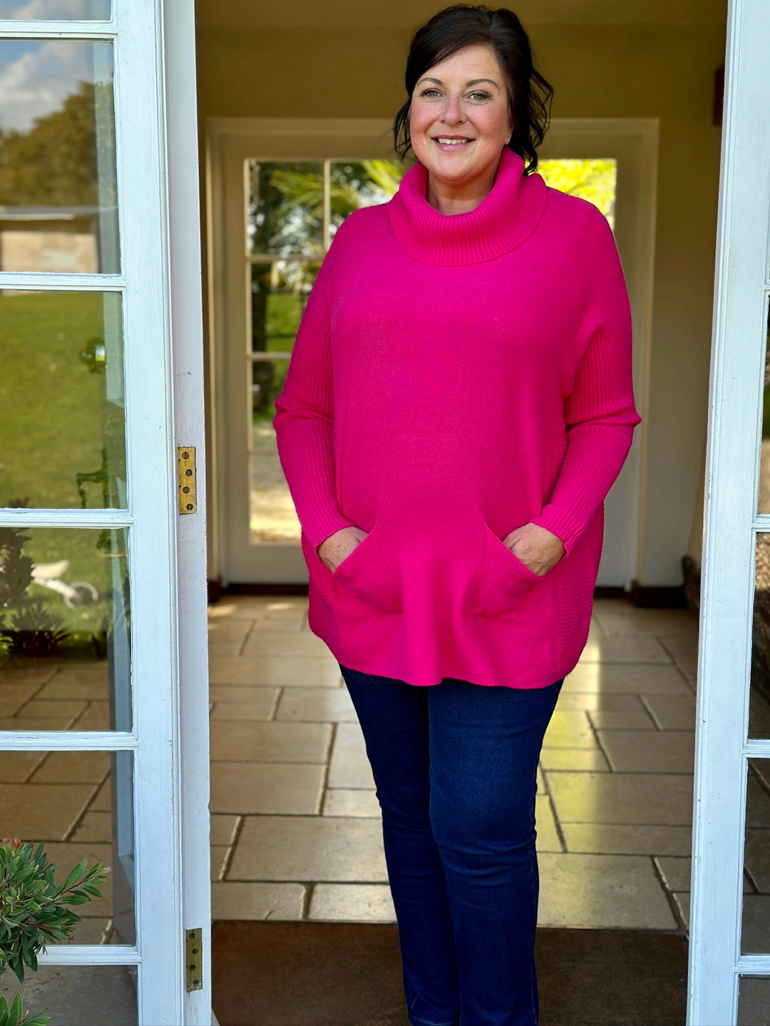 Pocket Ribbed Detail Roll Neck Jumper | Fuchsia