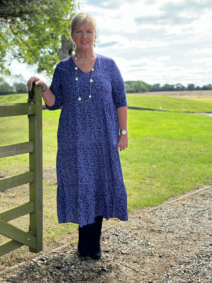 Leaf Print Tiered Maxi Dress | Navy