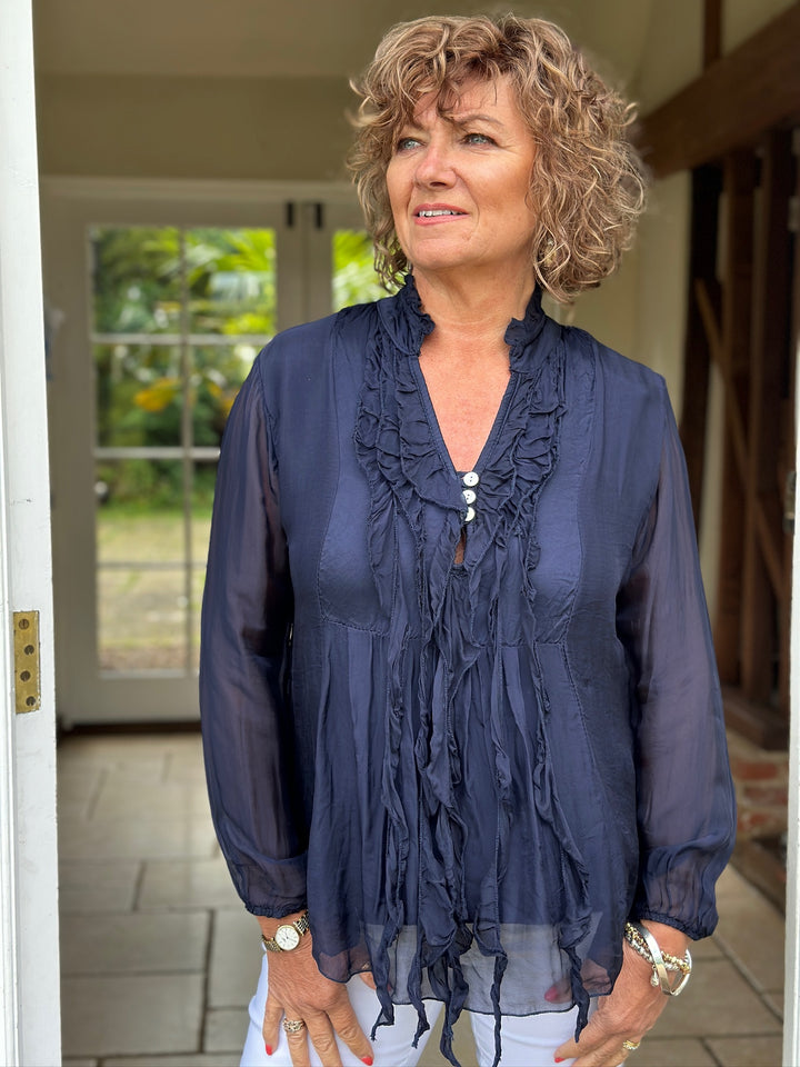 Ruffled Silk Blend Blouse | Navy