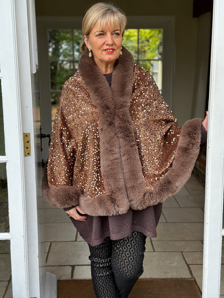 Sequin Faux Fur Wrap | Brown/Copper