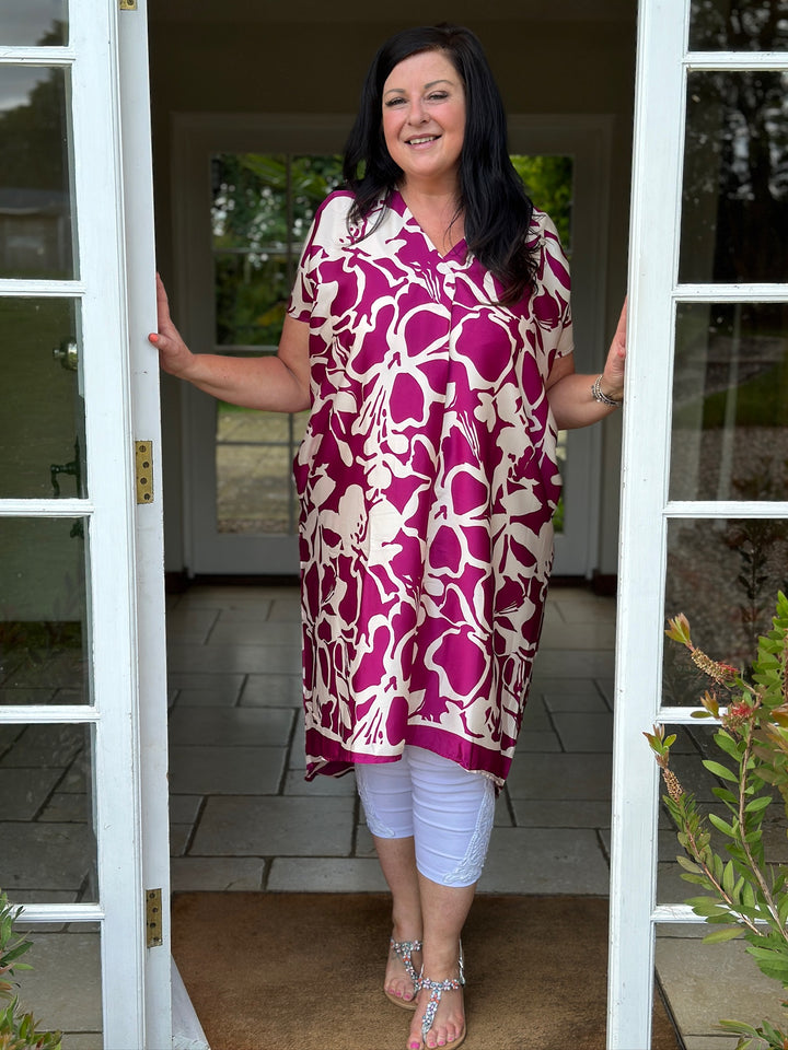 Patterned V-Neck Batwing Dress | Magenta