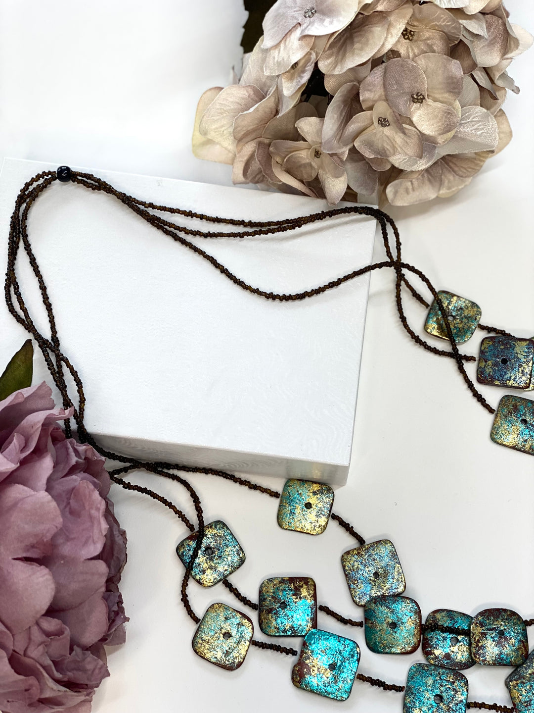 Square Long Teal Beaded Necklace