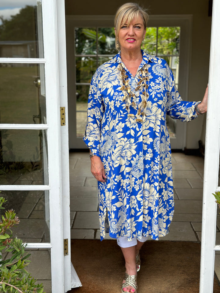 Floral Pattern Longline Shirt Dress - Electric Blue