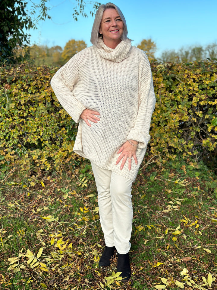 Longline Waffle Knit Cowl Neck Jumper | Beige