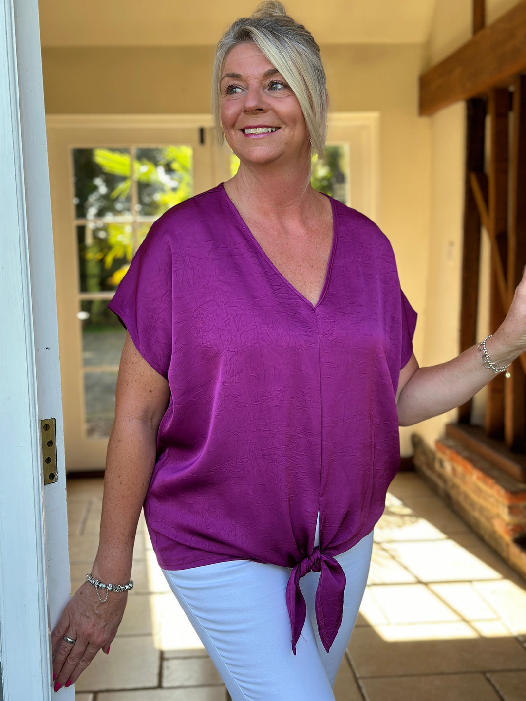 V-Neck Batwing Tie Top | Magenta