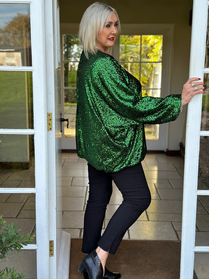 Sequin Bubble Hem Top | Green