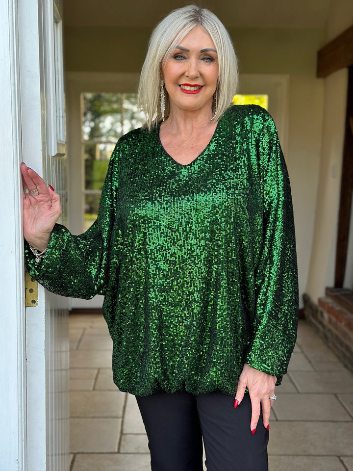 Sequin Bubble Hem Top | Green