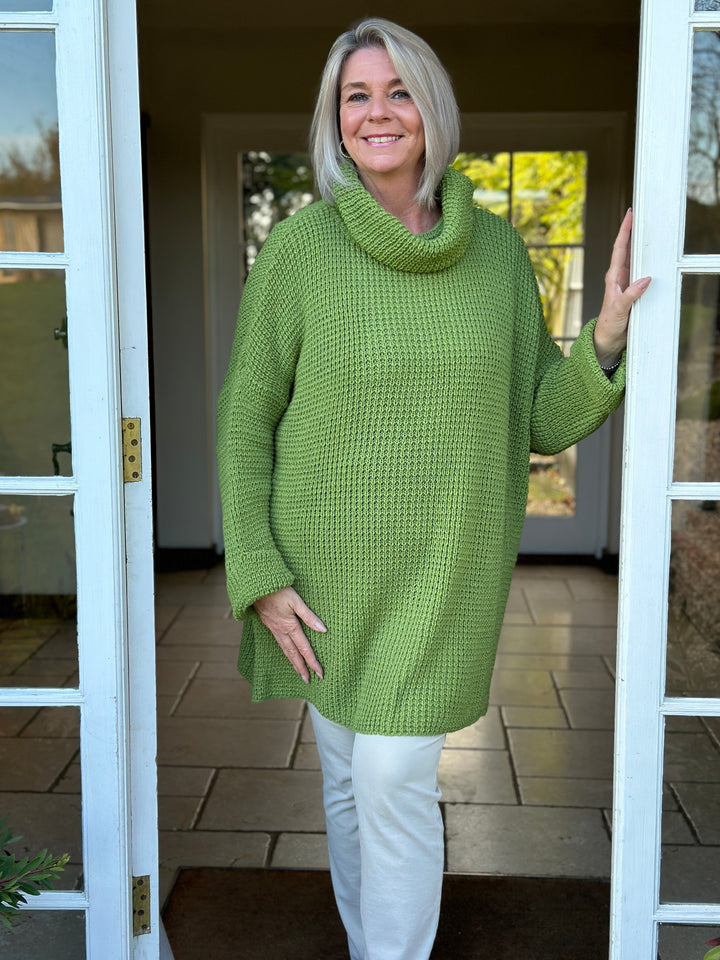 Longline Waffle Knit Cowl Neck Jumper | Olive