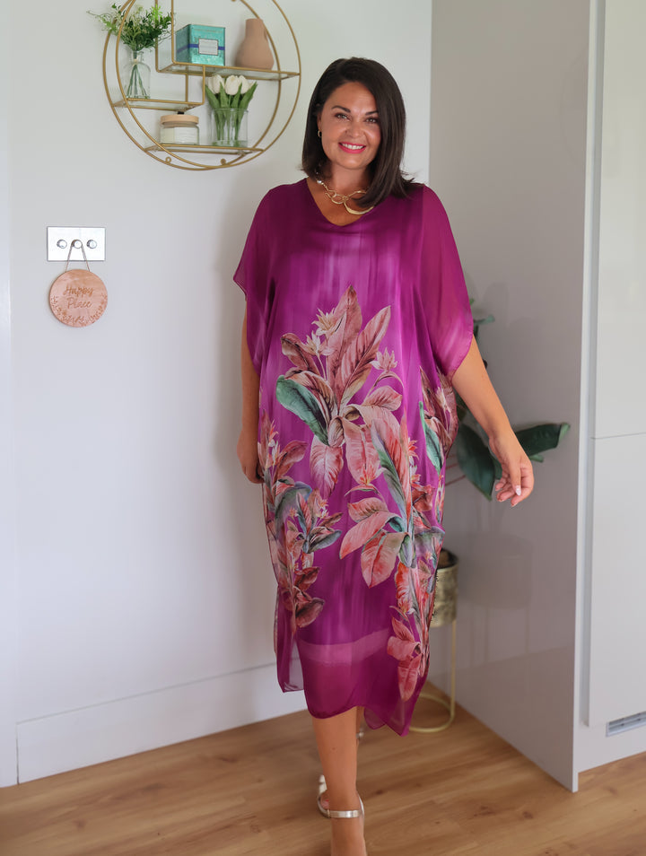 Floral Lucia Silk Dress | Magenta