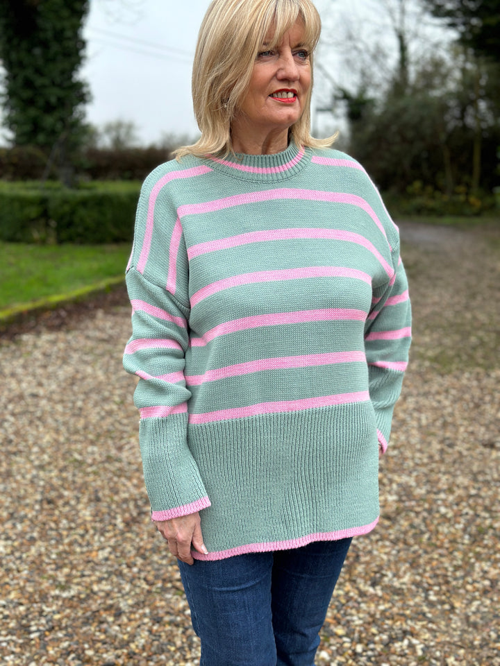 Chunky Knit Striped Jumper | Mint/Pink