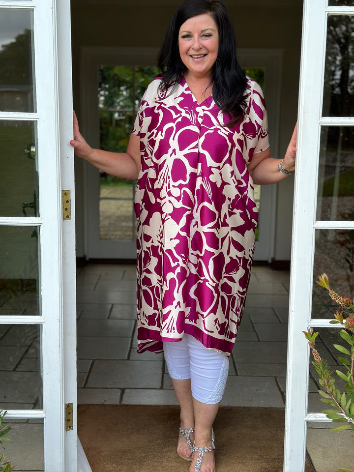 Patterned V-Neck Batwing Dress | Magenta