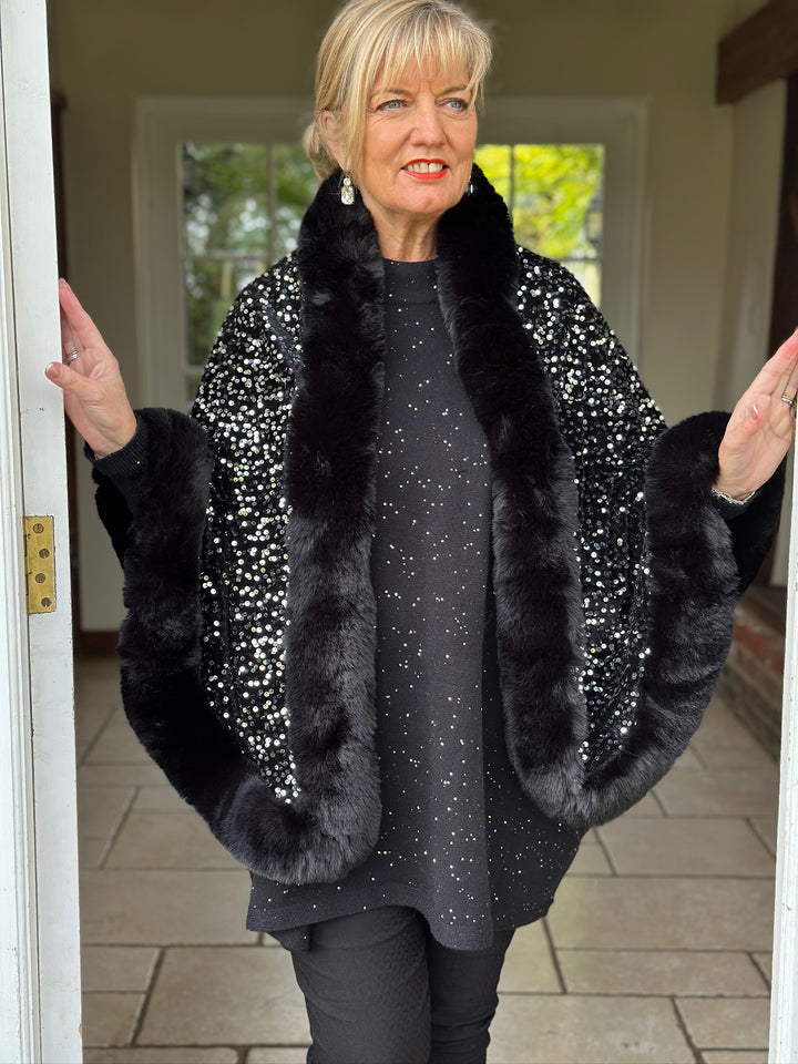 Sequin Faux Fur Wrap | Black/Silver