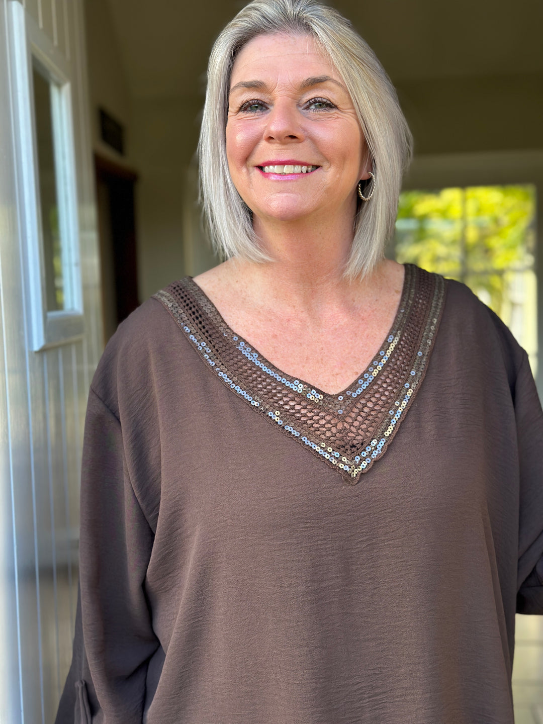 Sequin V-Neck Roll Tab Blouse | Chocolate Brown