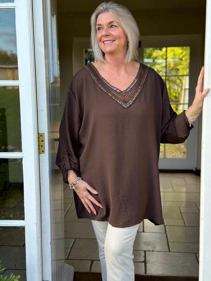 Sequin V-Neck Roll Tab Blouse | Chocolate Brown