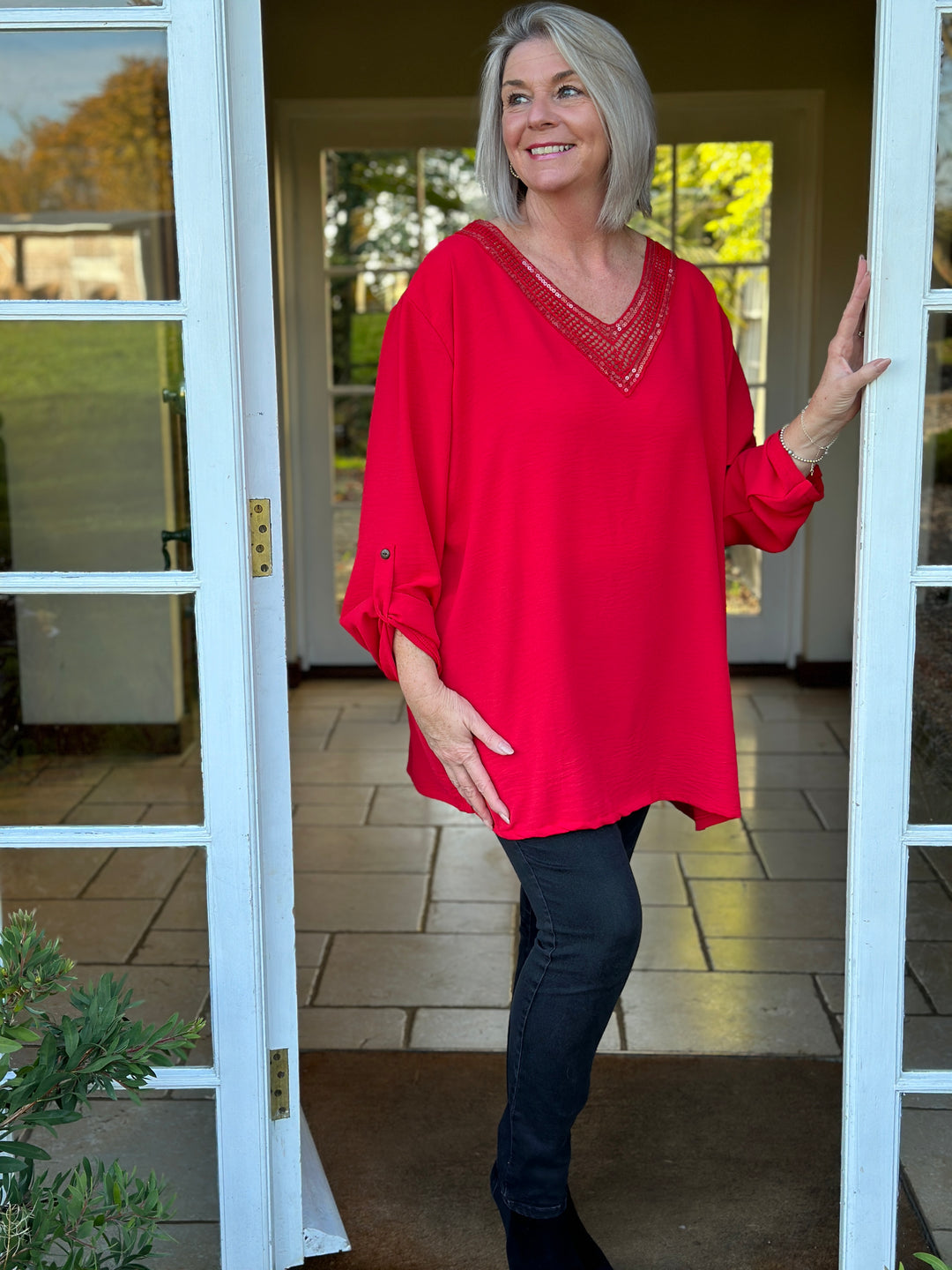 Sequin V-Neck Roll Tab Blouse | Red