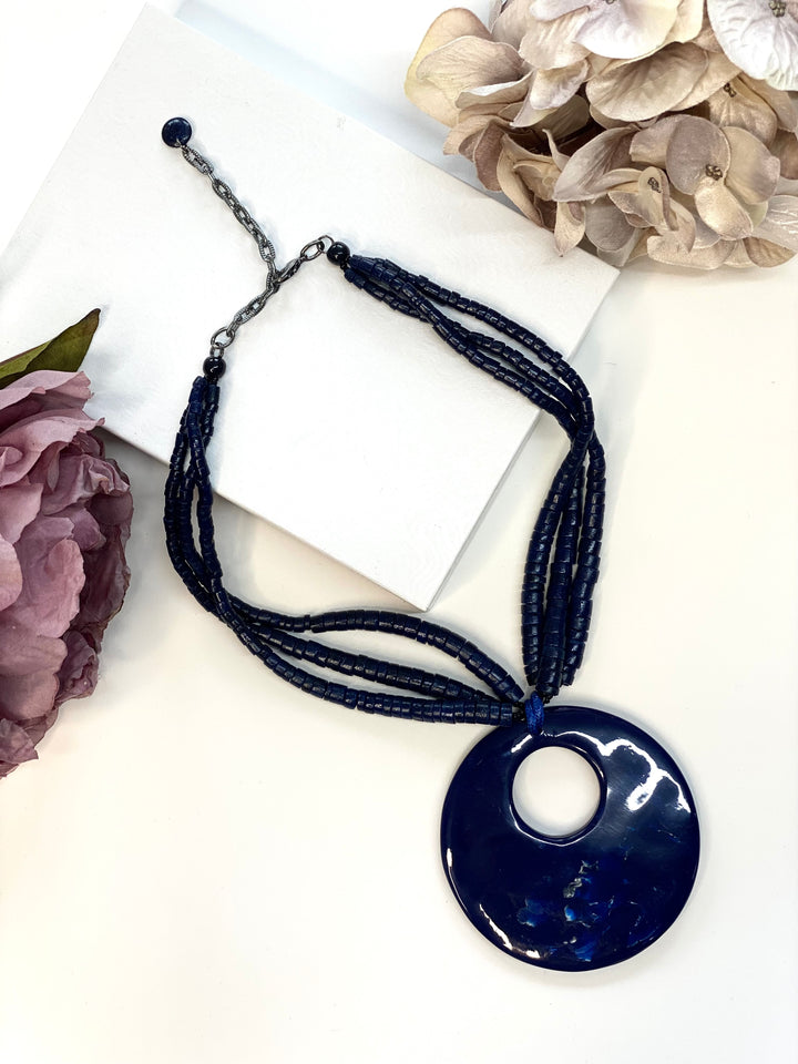 Layered Blue Beaded Pendant Necklace