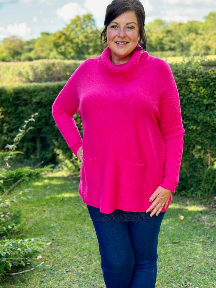 Pocket Ribbed Detail Roll Neck Jumper | Fuchsia