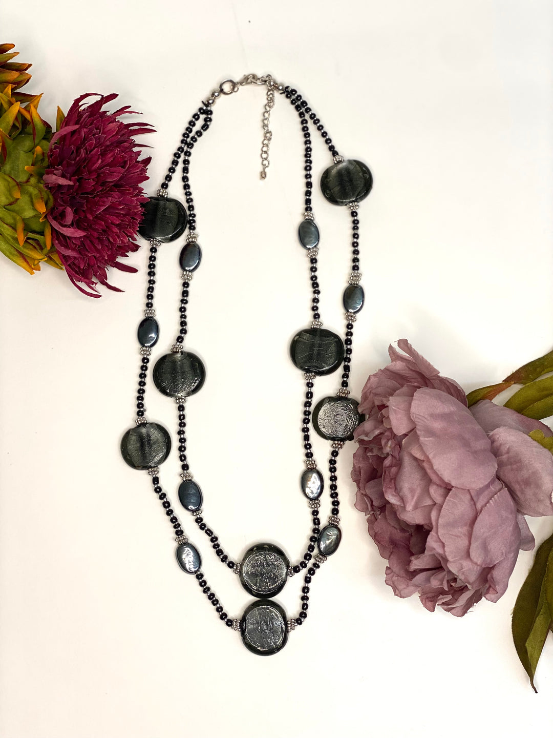 Beaded Marble Stone Pendent Necklace | Black