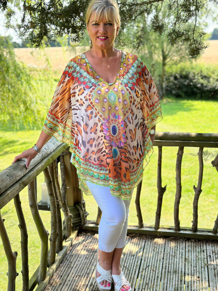 Vibrant Animal Print Diamante Kaftan | Orange