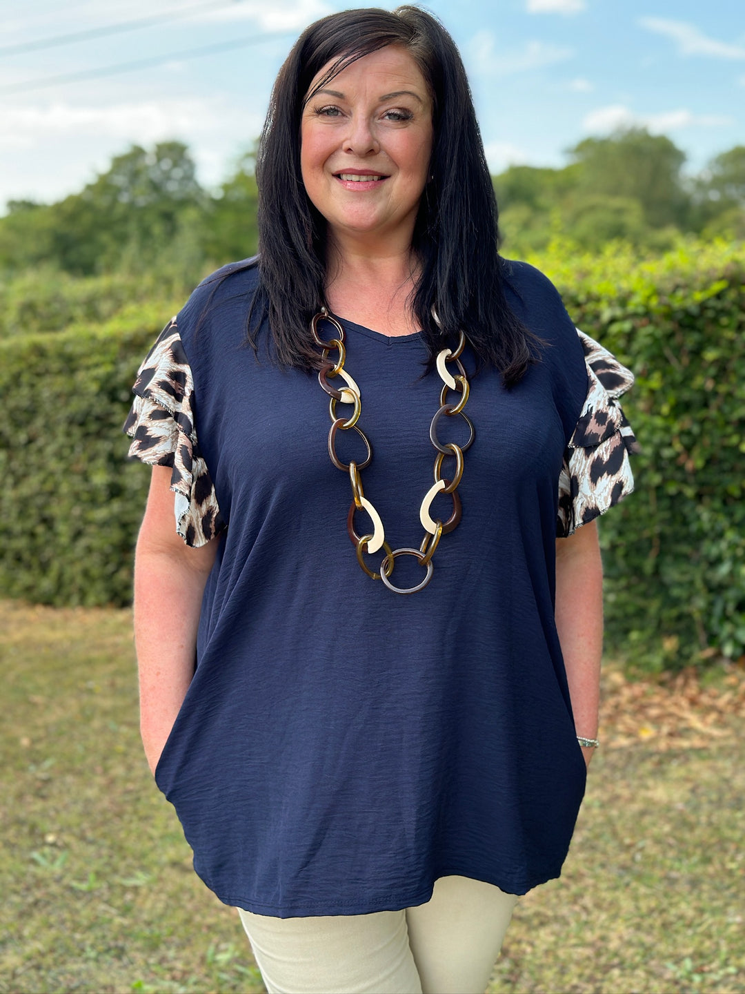 Leopard Ruffle Sleeve Top | Navy