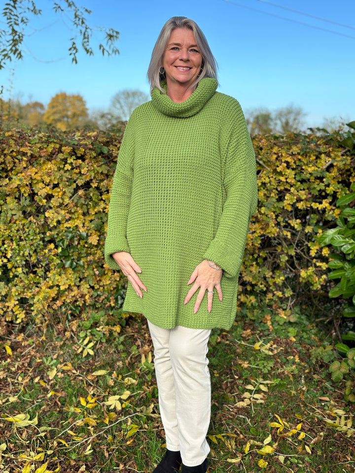 Longline Waffle Knit Cowl Neck Jumper | Olive