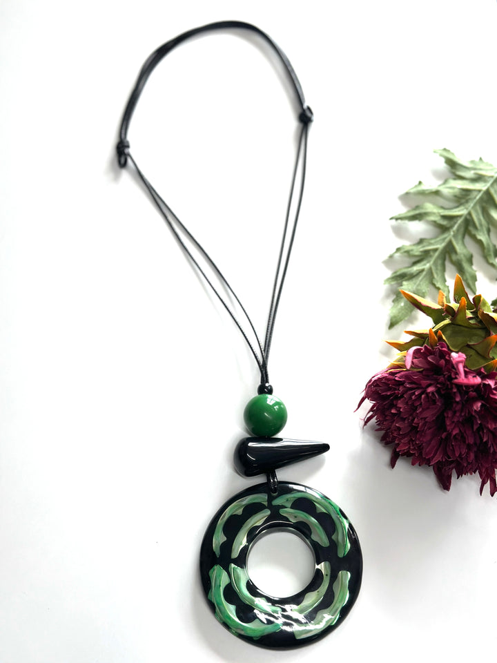 Abstract Multi Shape Green Disc Necklace