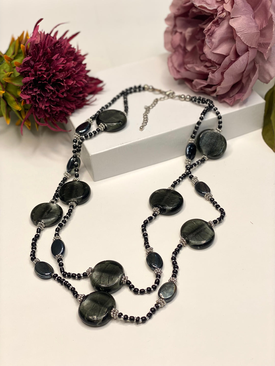 Beaded Marble Stone Pendent Necklace | Black