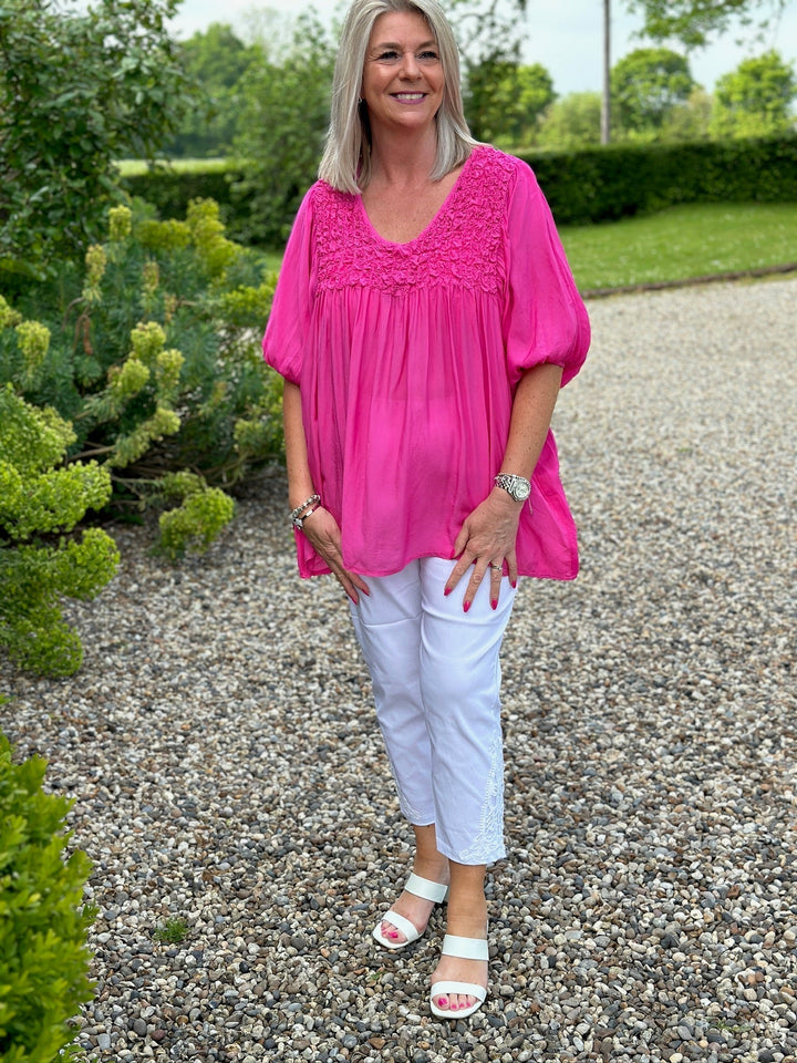 Ruffle Detail V-Neck Blouse | Fuchsia