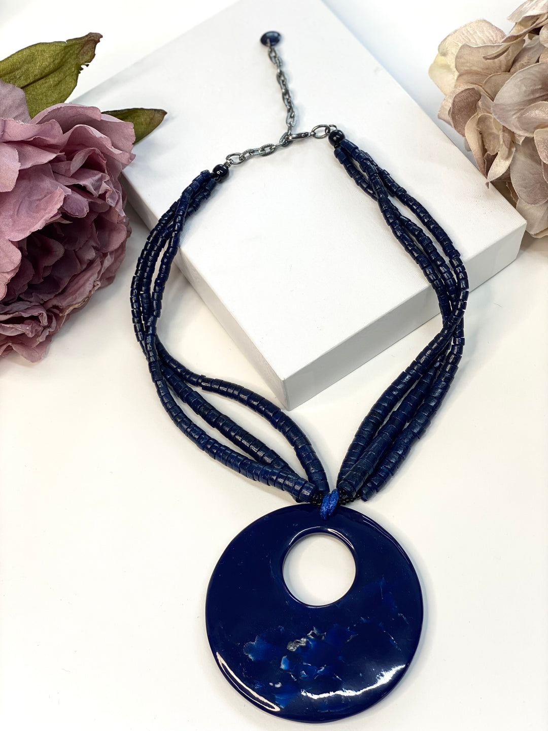 Layered Blue Beaded Pendant Necklace