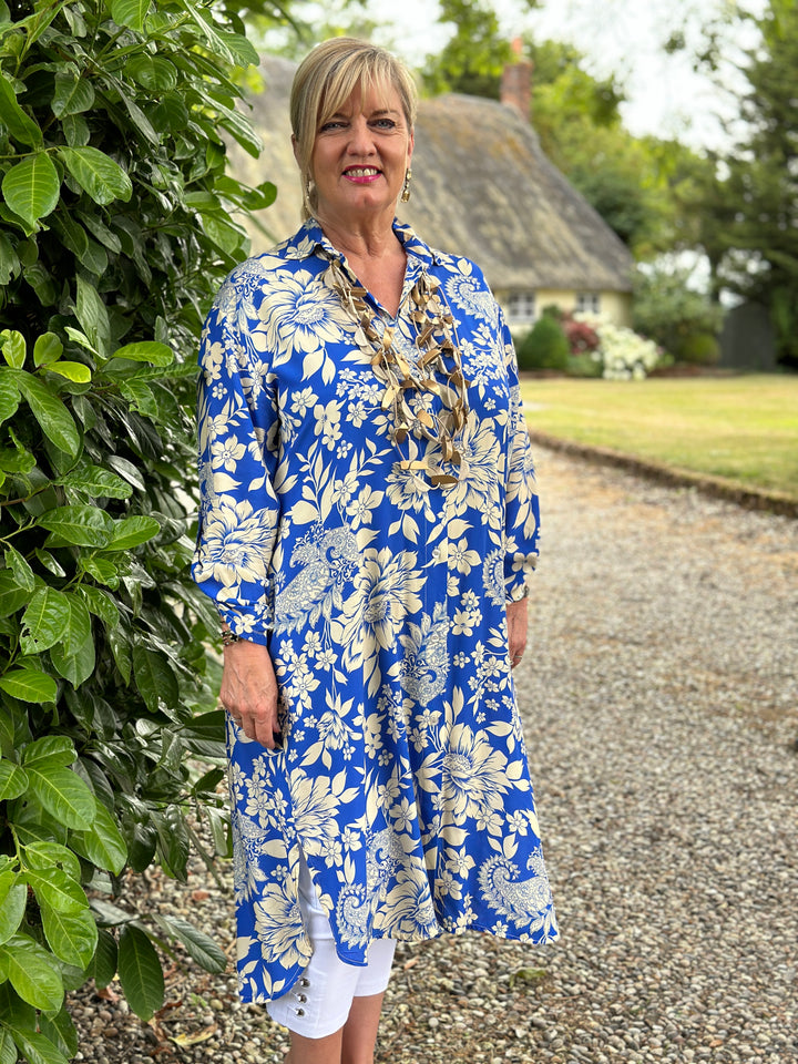 Floral Pattern Longline Shirt Dress - Electric Blue