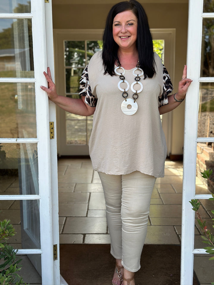 Leopard Ruffle Sleeve Top | Beige