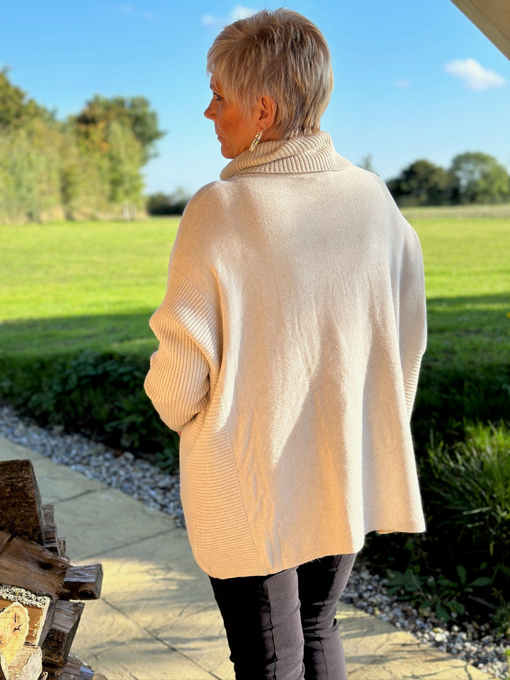 Pocket Ribbed Detail Roll Neck Jumper | Cream