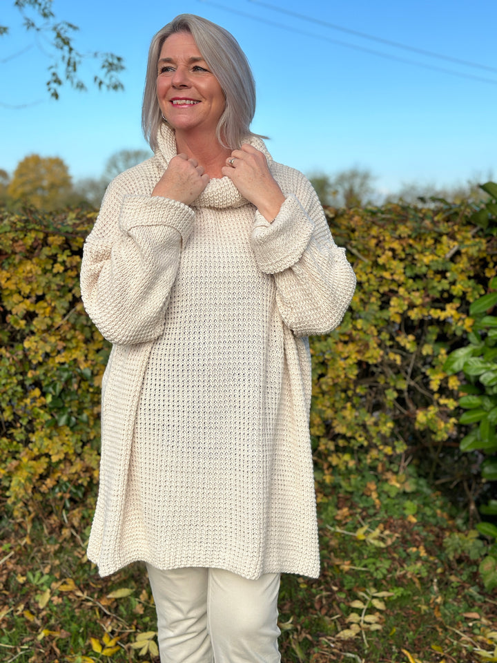 Longline Waffle Knit Cowl Neck Jumper | Beige