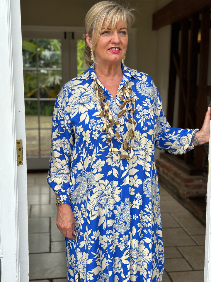 Floral Pattern Longline Shirt Dress - Electric Blue