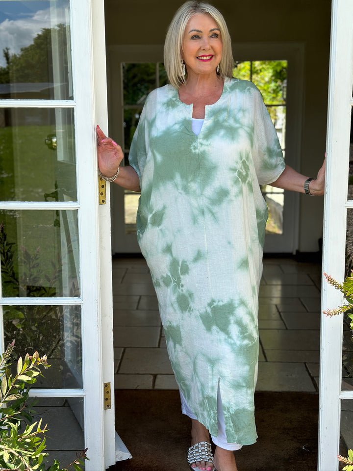 Tie-Dye Linen Blend Dress | Sage Green