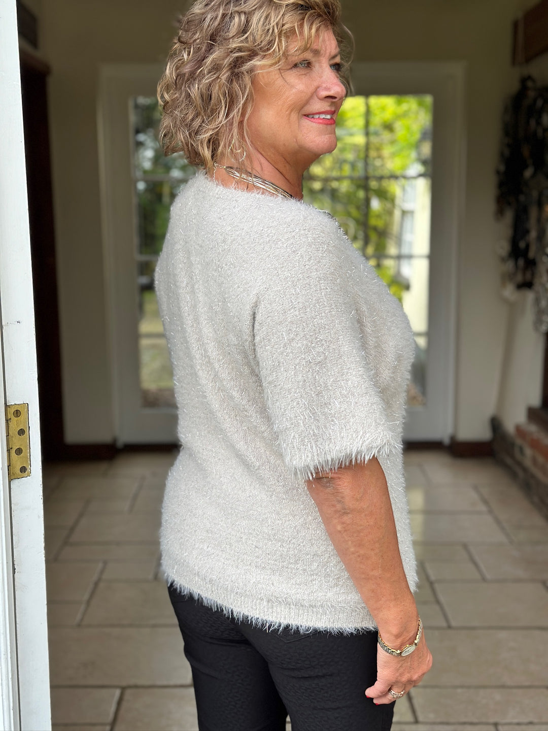 V-neck Sparkle Knit Top | Beige