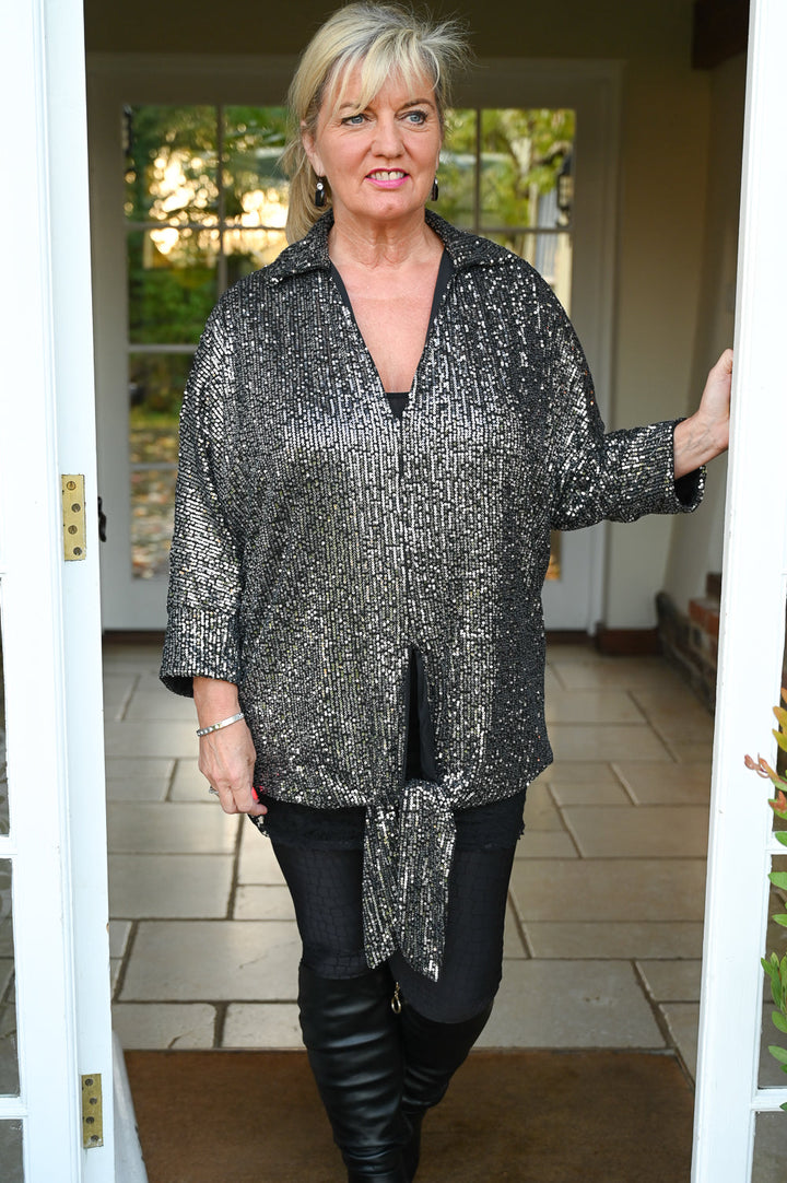 Sequin Tie V-Neck Top | Silver