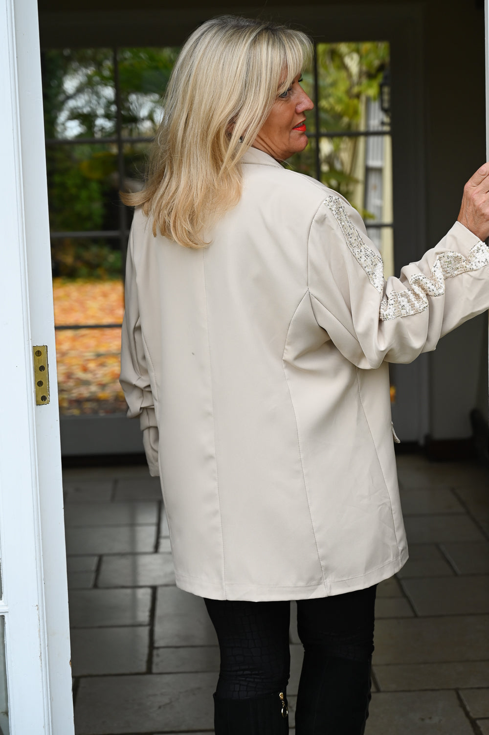 Sequin Detail Ruched Blazer | Beige