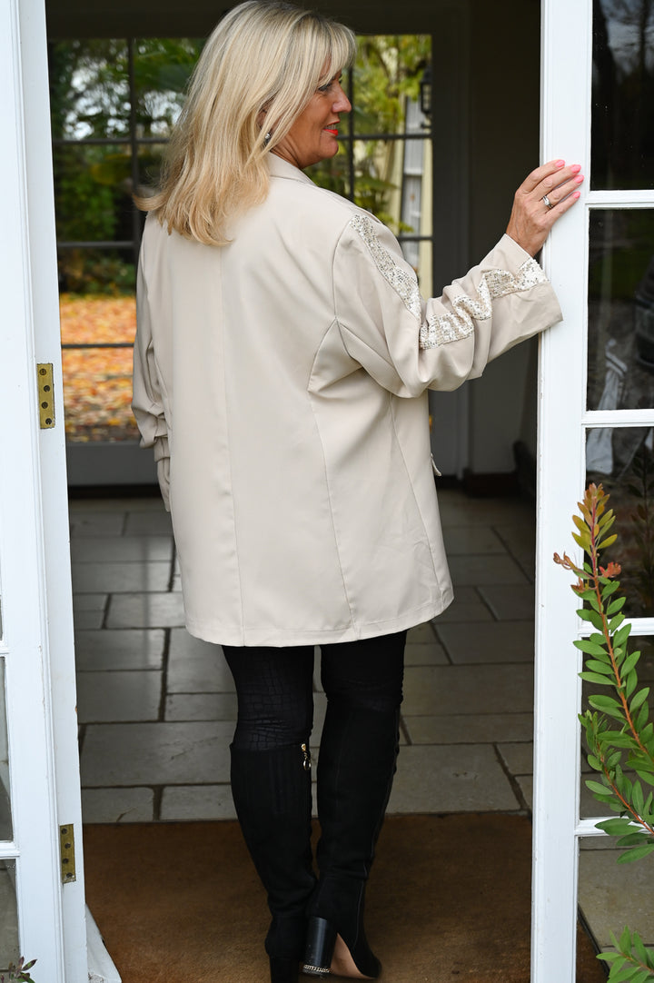 Sequin Detail Ruched Blazer | Beige