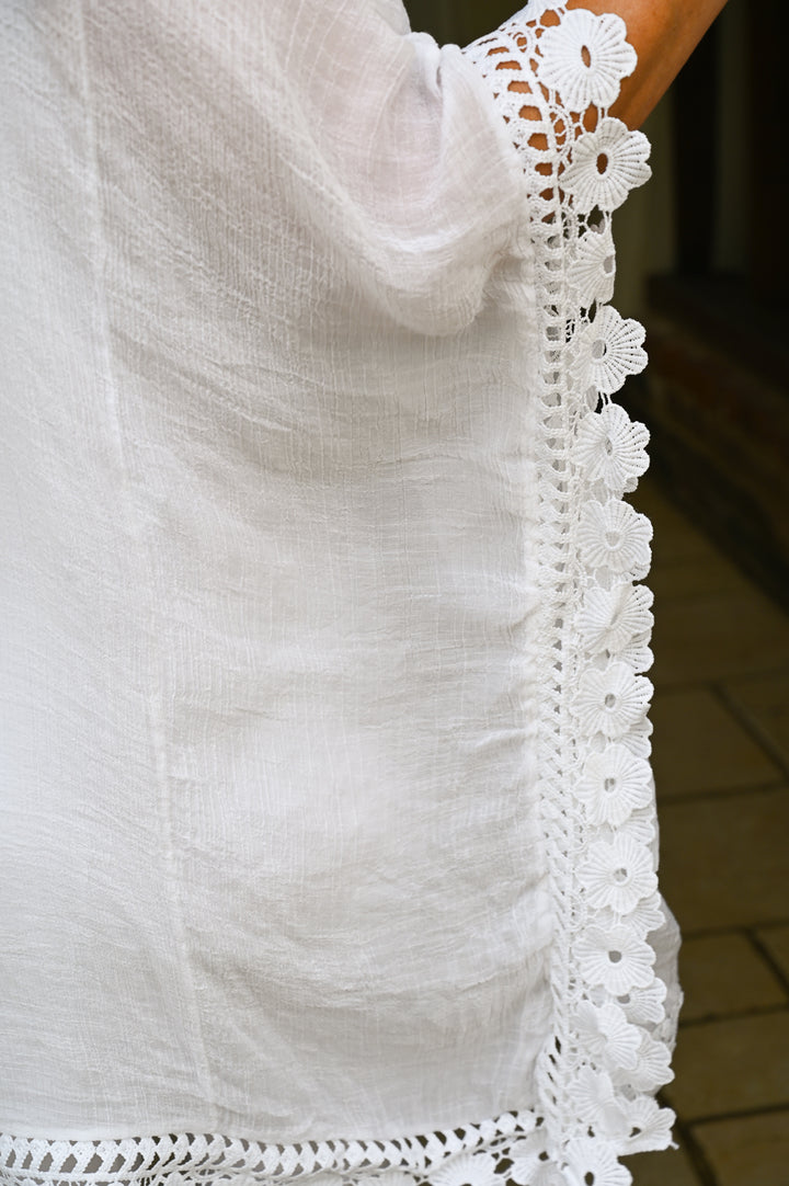 Crochet Border Cotton Kaftan | White