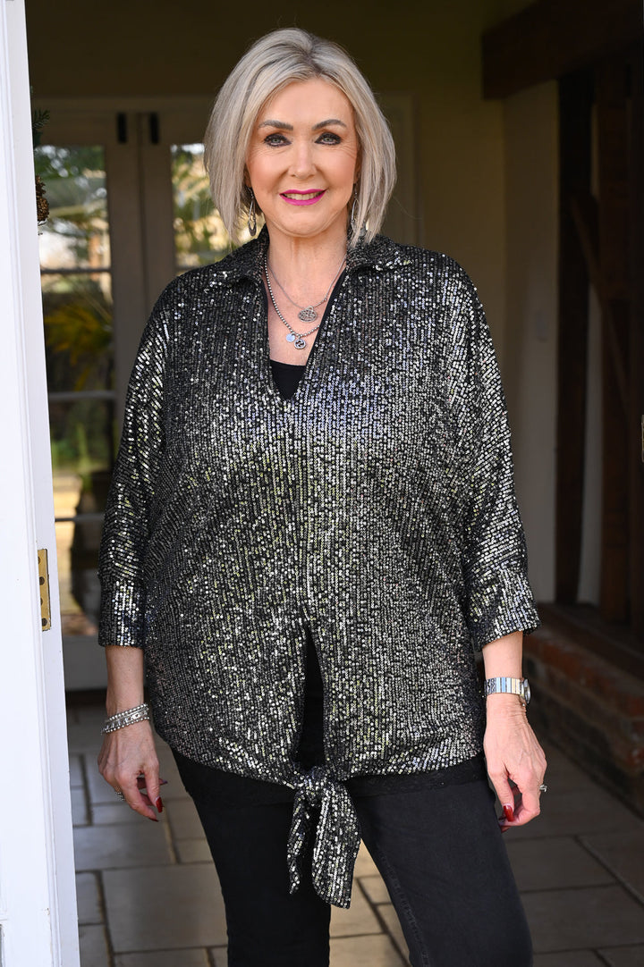 Sequin Tie V-Neck Top | Silver