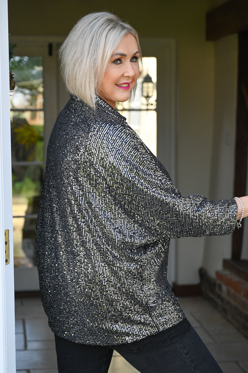 Sequin Tie V-Neck Top | Silver