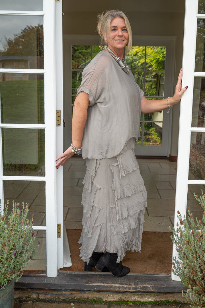 Silk Tiered Ruffle Dress | Taupe